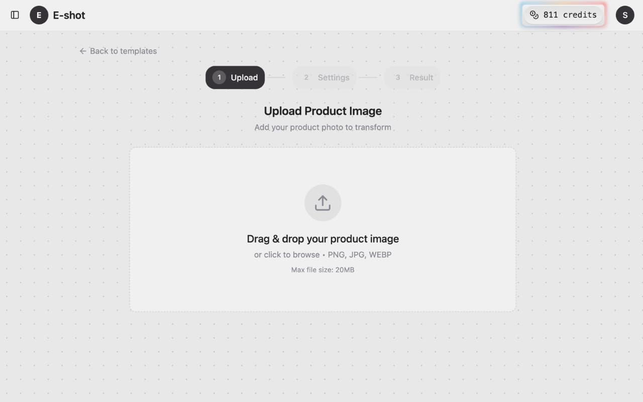 Step 1 — Upload product image to E-shot Studio AI photography workflow