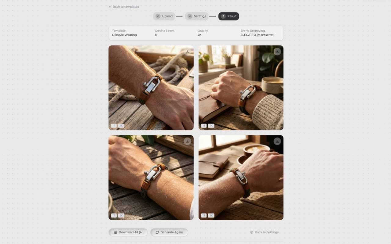 Result — Download campaign-ready AI product visuals from E-shot Studio