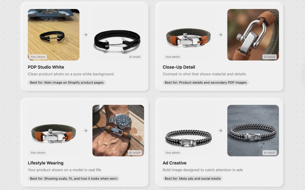 Step 2 — Select E-shot AI template: PDP, close-up, lifestyle, ad creative, or grid