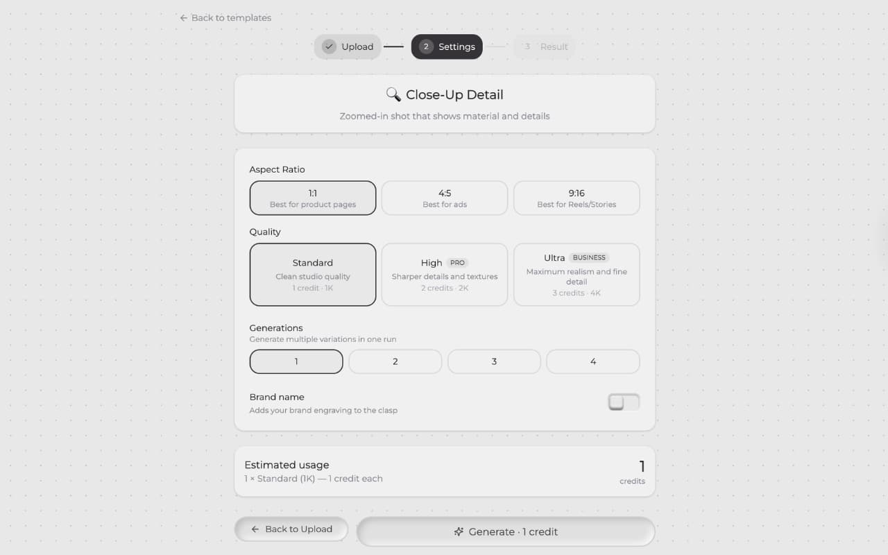 Step 3 — Configure output settings in E-shot: aspect ratio, quantity, and quality