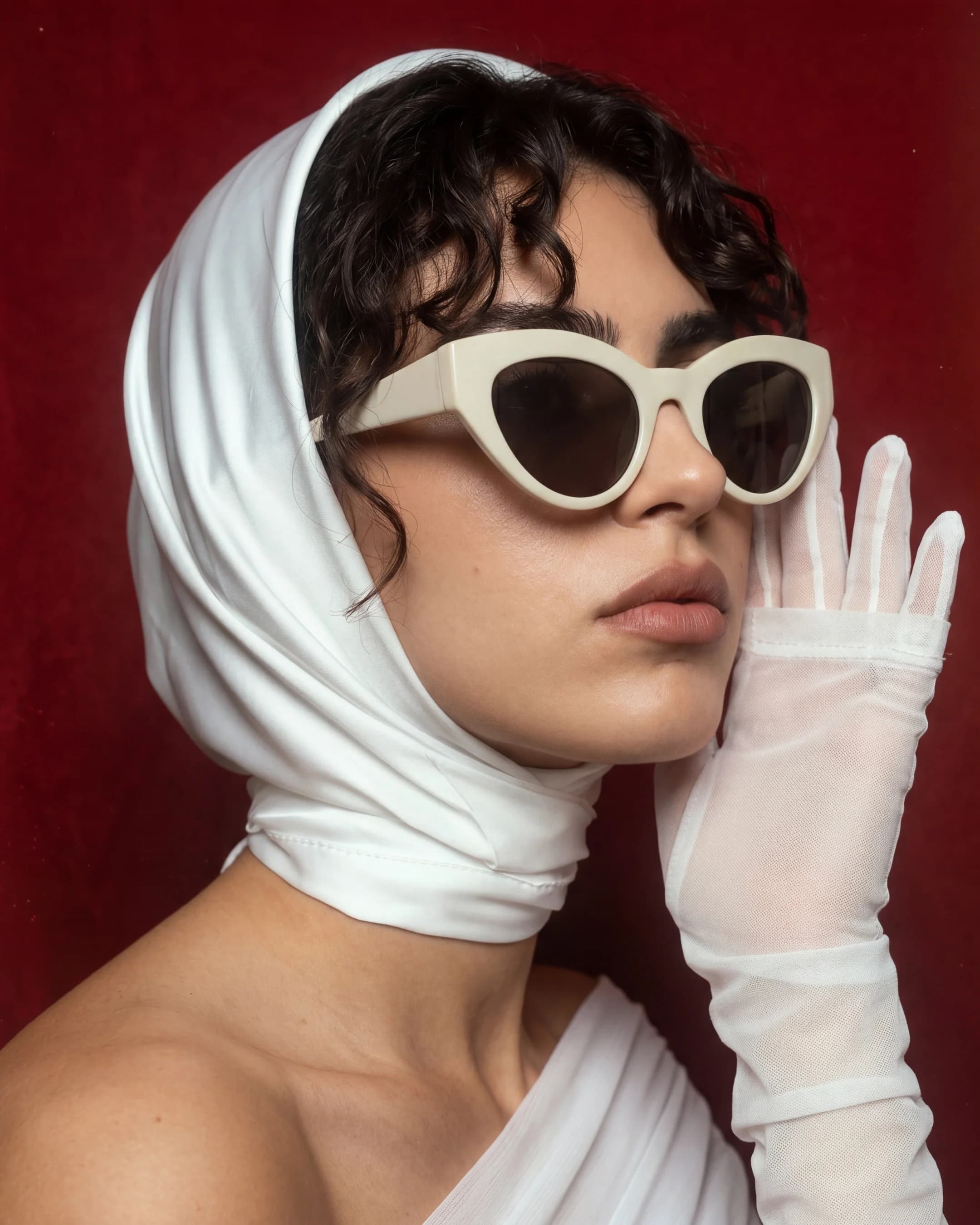 Model in white headscarf and cream cat-eye sunglasses — AI accessories product photography, editorial