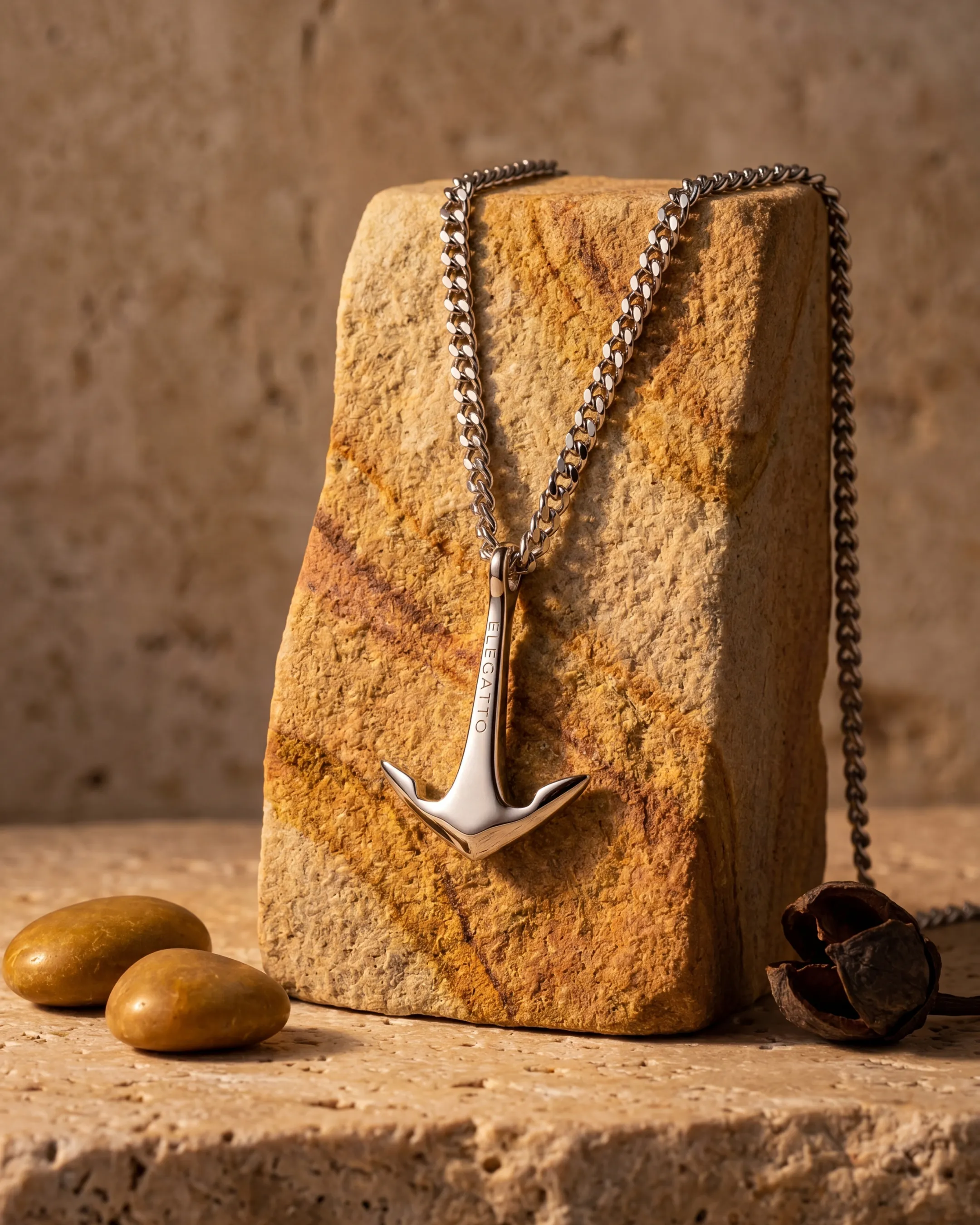 Silver anchor pendant resting on stone — AI jewelry product photography, still-life scene for ecommerce
